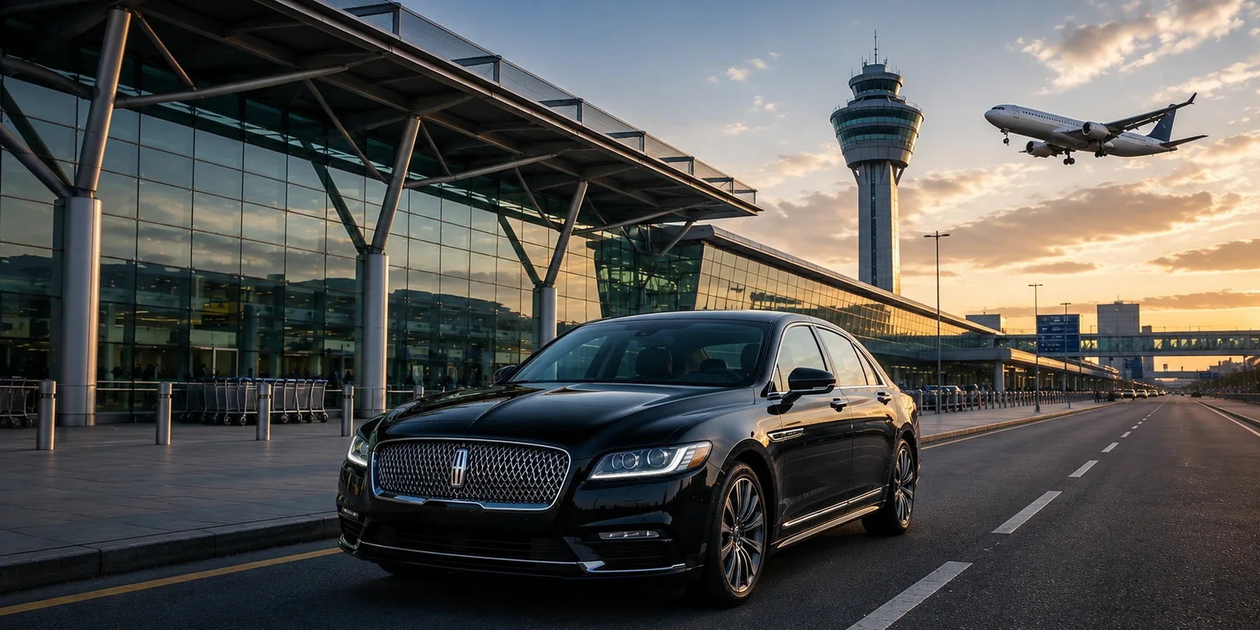 Vancouver airport limousine service with a black Lincoln Continental outside a modern terminal